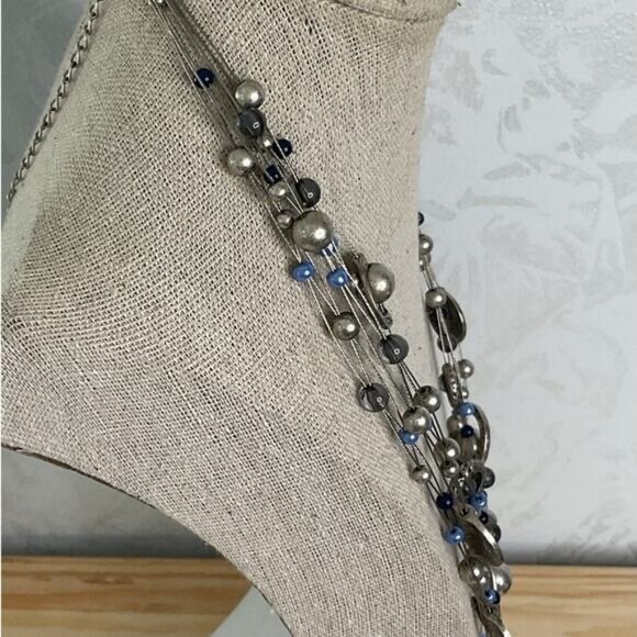 Multi-Strand Silver Necklace With Blue & Gray Beads Adjustable Length - Picture 3 of 4